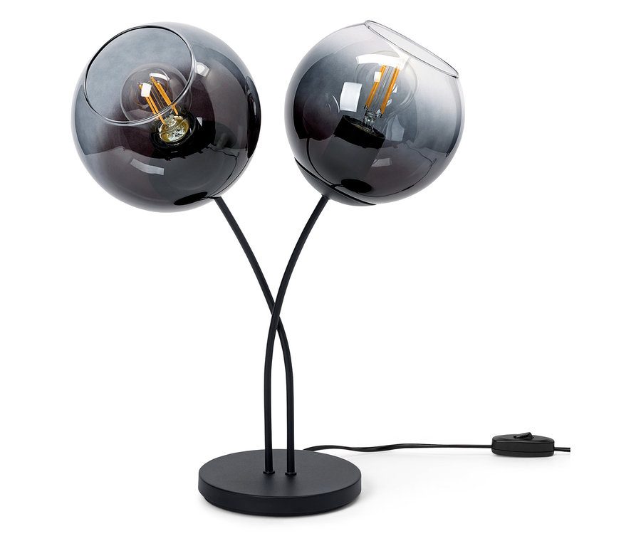 Fekete asztali lámpa két gömb alakú üveg lámpabúrával.