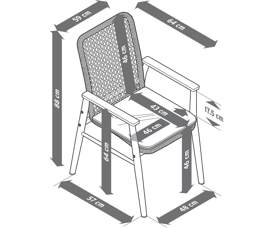 A teakfa kartámlás és textilhálós étkezőszék méreteit nyilak jelzik.