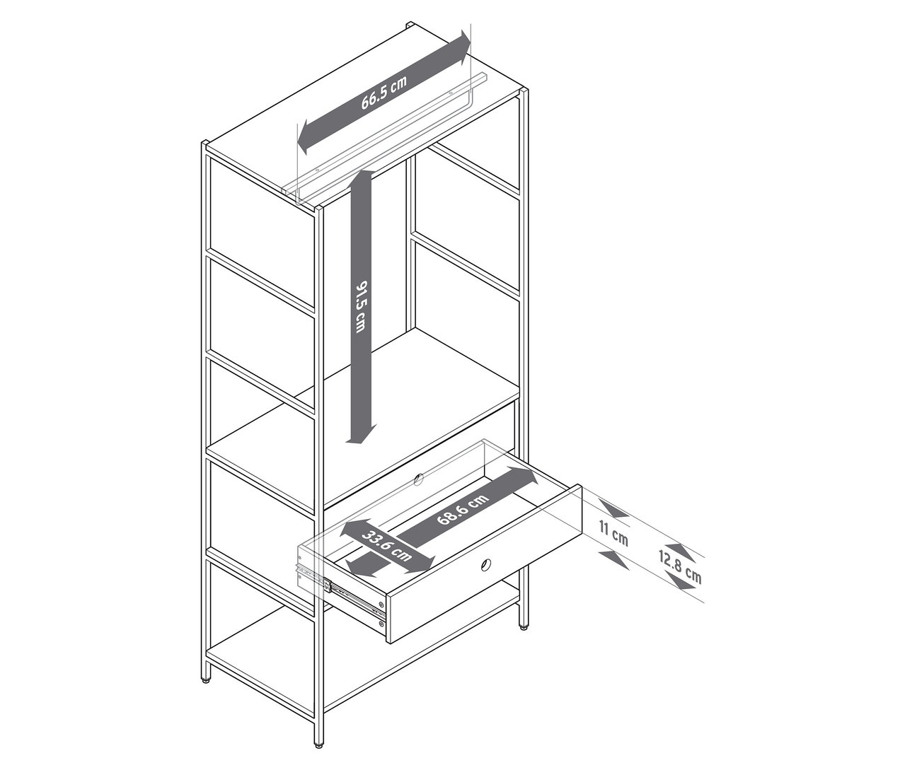 Vonalrajz a »KLAAR« gardróbszekrényről két fiókkal és méretekkel.