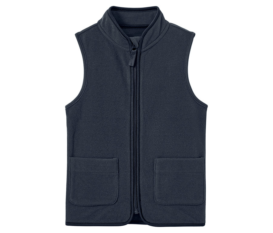 Egy sötétkék polár mellény cipzárral és zsebekkel.