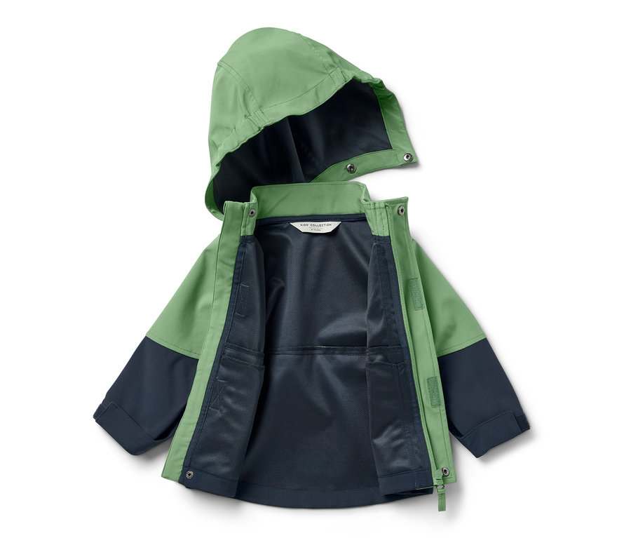 Nyitott, zöld és sötétkék színű kisgyerek softshell dzseki.