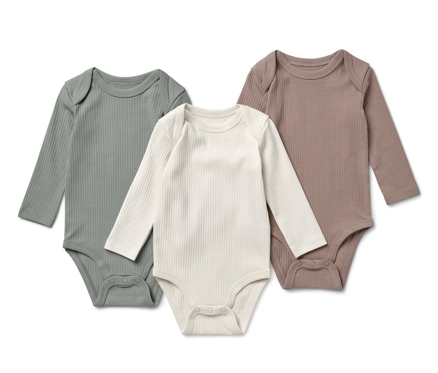 Három bordás, hosszú ujjú body kisgyerekeknek zöld, krém és barna színben.