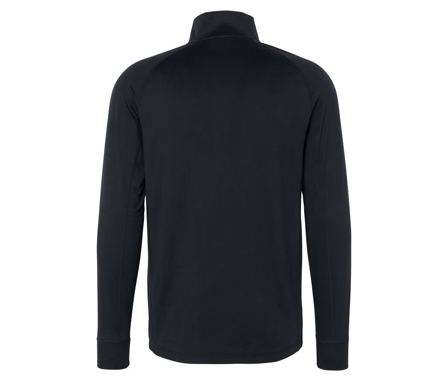 Hátulnézet egy fekete, hosszú ujjú, cipzáras felsőről.