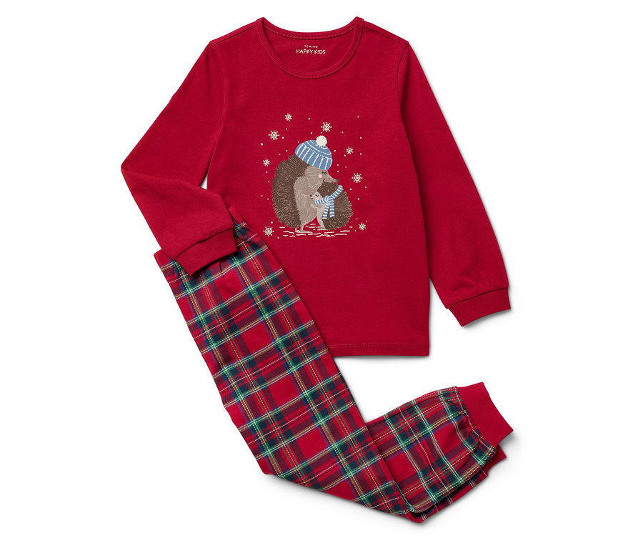Piros, hosszú ujjú pizsama kockás nadrággal. A felsőn sünök láthatók.