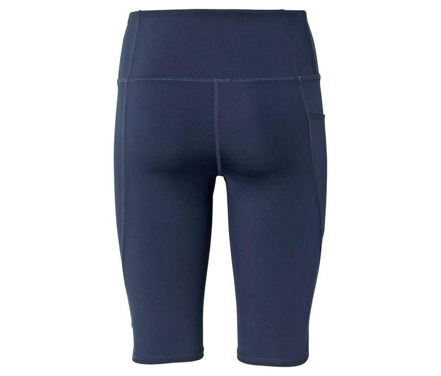 Sötétkék, magas derekú, rövid leggings oldalzsebbel, hátulról fényképezve.