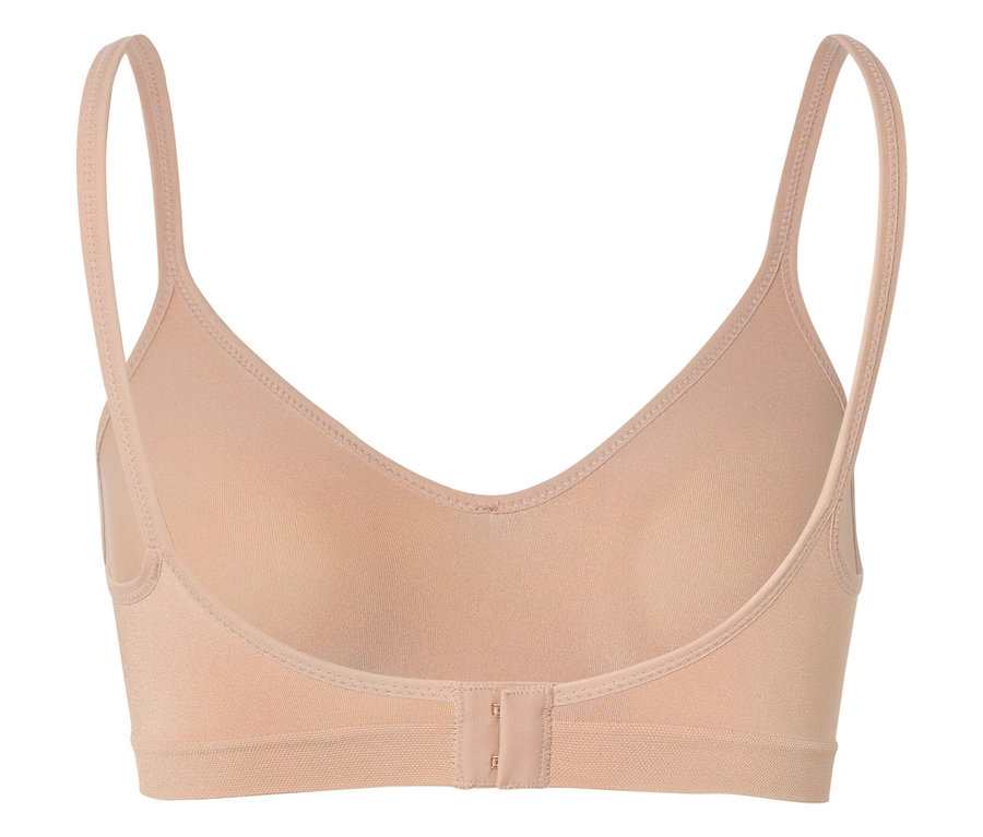 Hátulnézet egy testszínű, vékony pántos, kapcsos melltartóról.