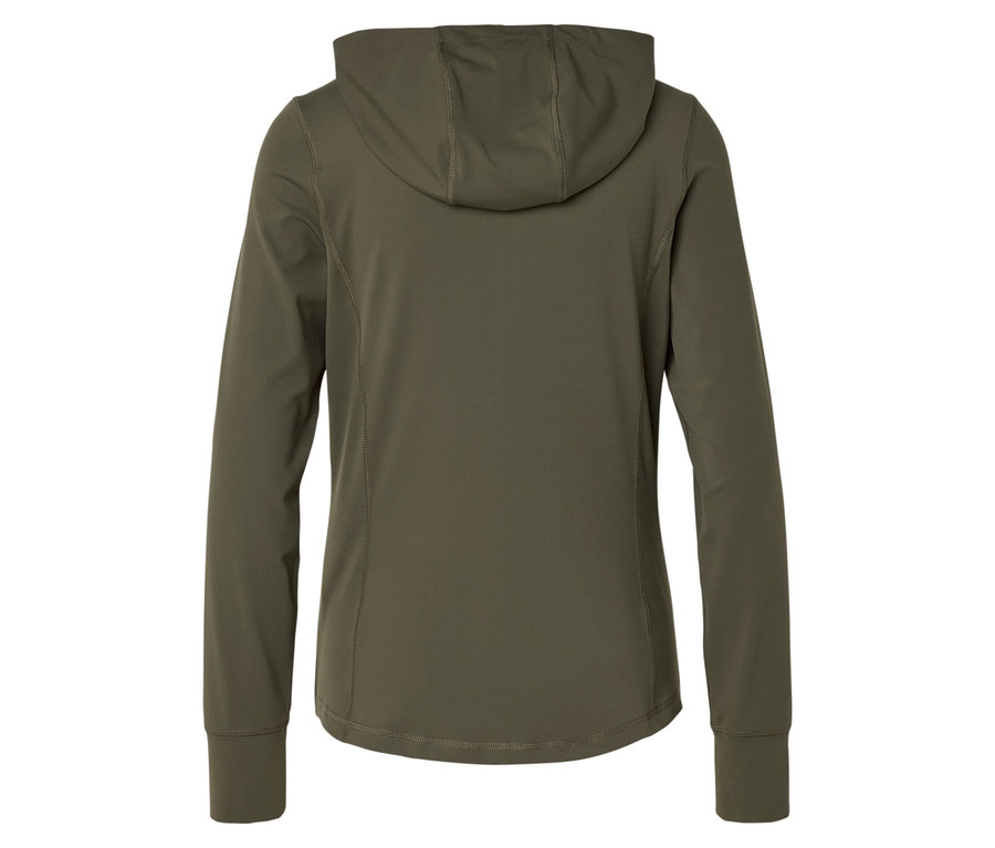 Hátulnézet egy olívazöld, hosszú ujjú kapucnis pulóverről.