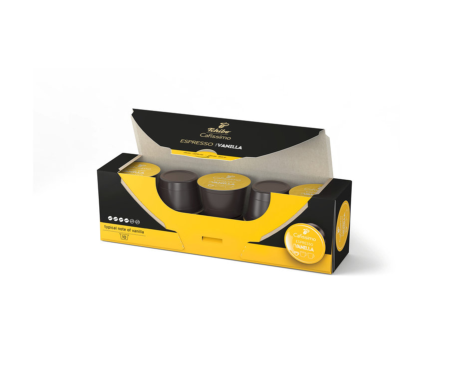 Egy nyitott, fekete és sárga csomag Cafissimo Flavoured Espresso – Vanilla – 10 db kávékapszula.
