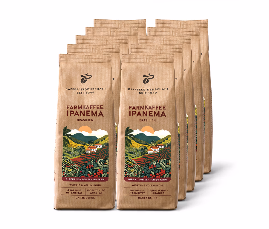 Tíz barna Farmkaffee Ipanema szemes kávé csomag, kávéültetvény illusztrációval.