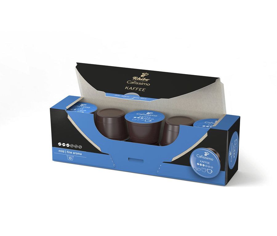 Nyitott csomagolás tíz Caffè Fine kávékapszulával.