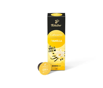 Egy doboz Cafissimo Flavoured Espresso - Vanilla - 10 db kávékapszula és egyetlen kapszula fehér háttérrel.