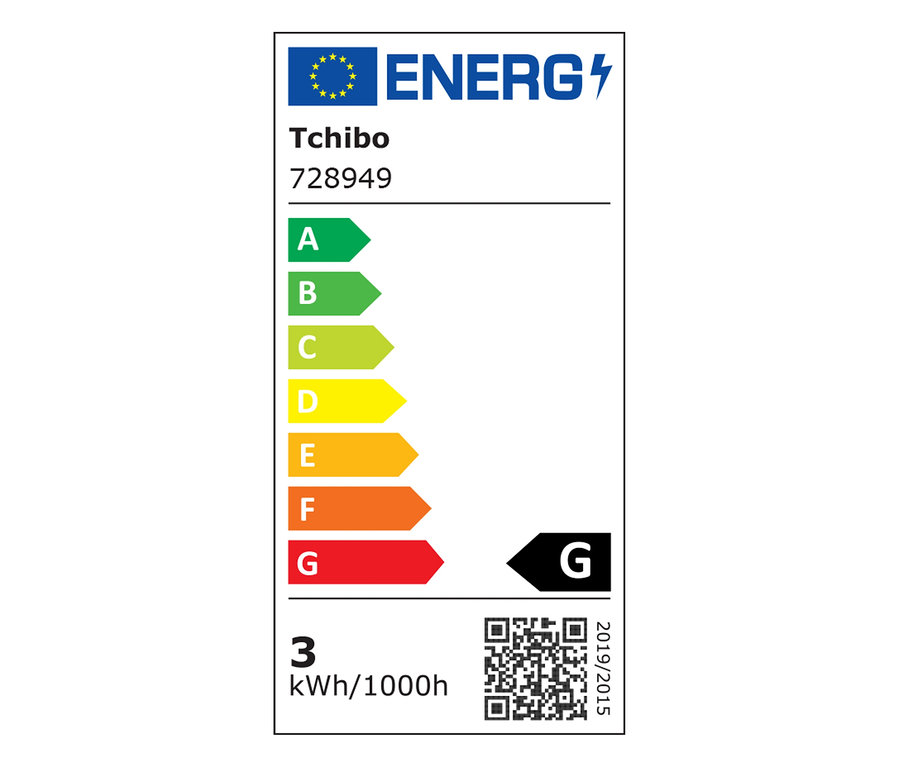 Tchibo 728949 termék energiacímkéje, G energiaosztály, fogyasztás 3 kWh/1000h, QR-kóddal és EU logóval.
