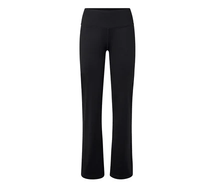 Fekete, magas derekú, trapézszárú leggings fehér háttér előtt.