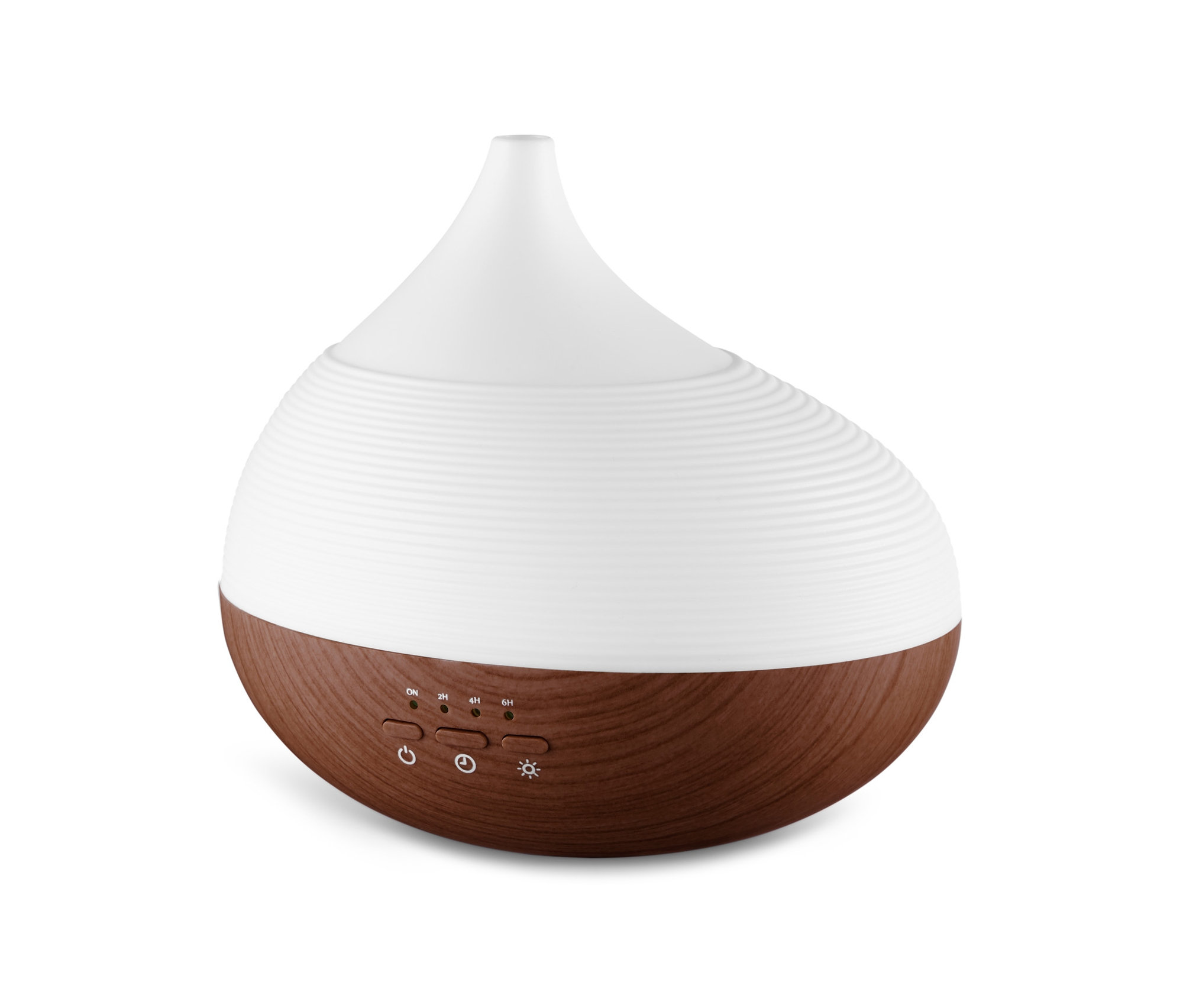 Aroma diffúzor wellness világítással, barna fa alappal és fehér felsőrésszel.