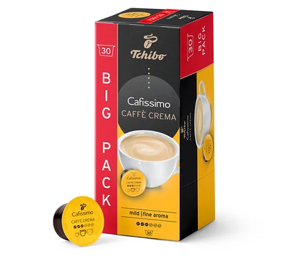Caffè Crema mild – 30 db-os kávékapszula csomagolása. A doboz piros-fekete-sárga. Egy kapszula a csomag mellett fekszik.
