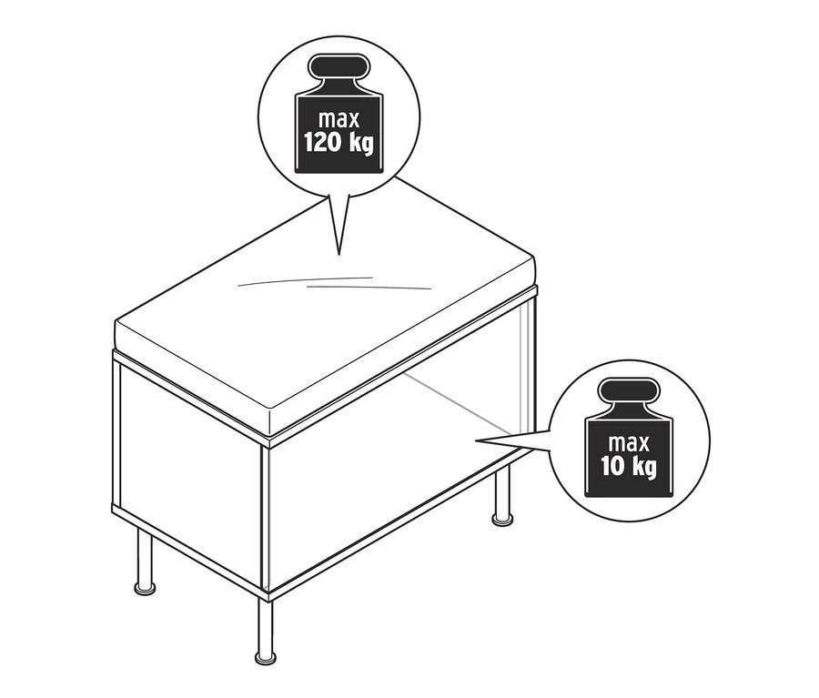 Egy pad rajza tárolóval, a maximális terhelhetőség 120 kg az ülőfelületen és 10 kg a tárolóban.