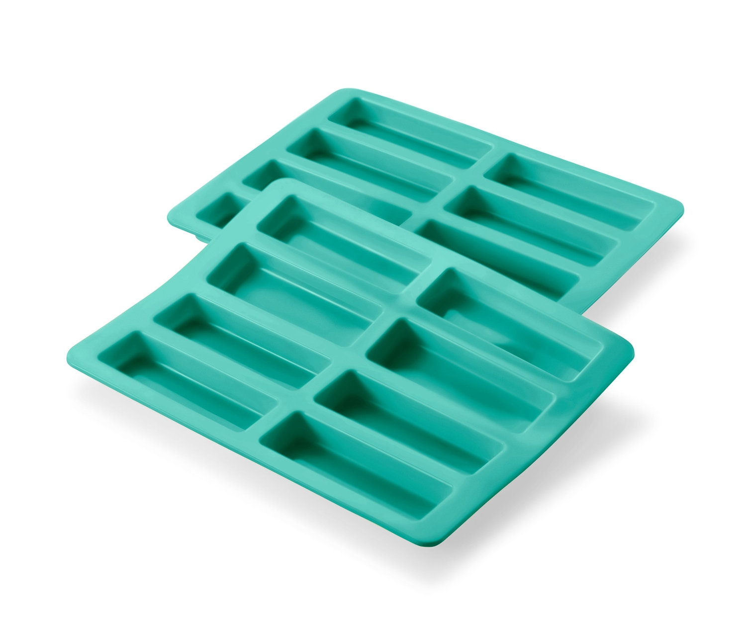 Két türkiz színű szilikon müzliszelet sütőforma egymáson.