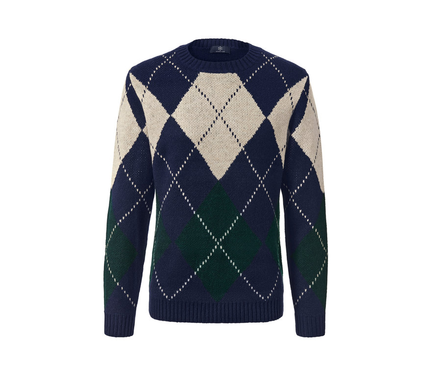Sötétkék kötött férfi pulóver kárómintával, sötétkék, krémszínű és zöld színben.