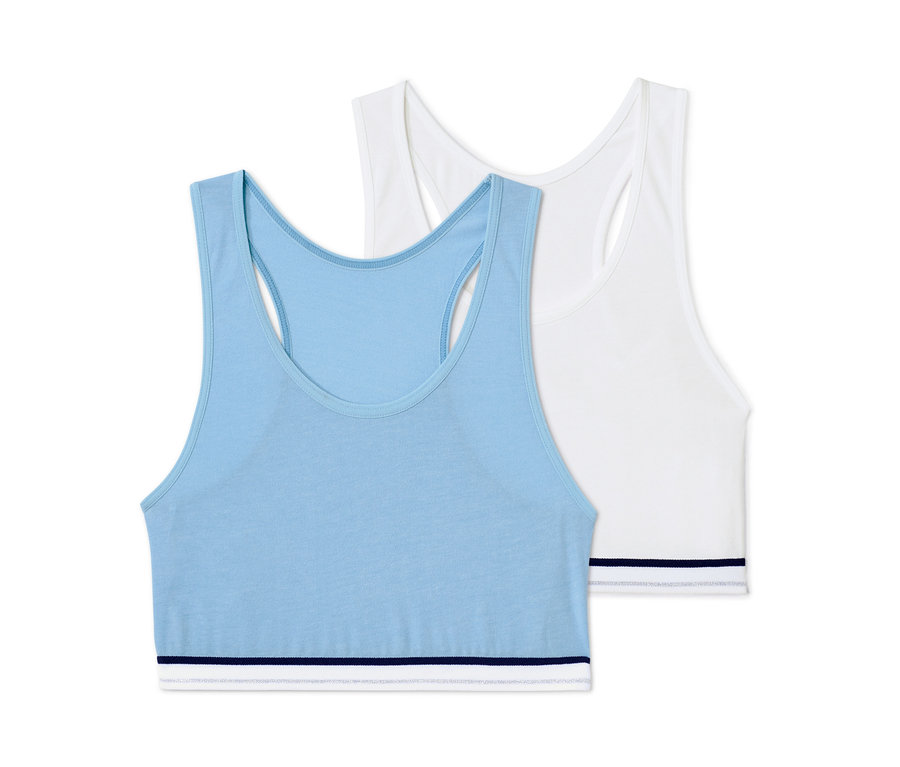 Két lány bustier melltartó szettben, kék és fehér.