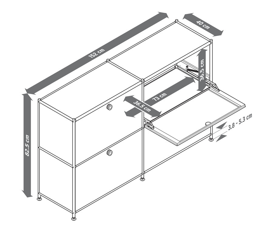 Ábra egy »CN3« fém komódról 4 lenyíló ajtóval és méretekkel.