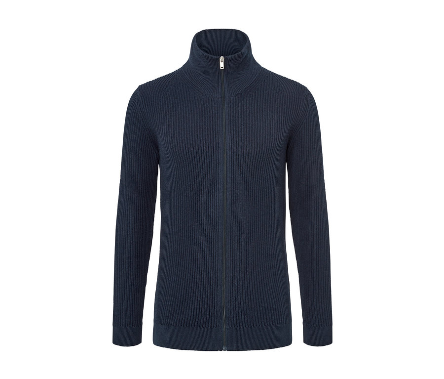 Tengerészkék kötött kardigán cipzárral.