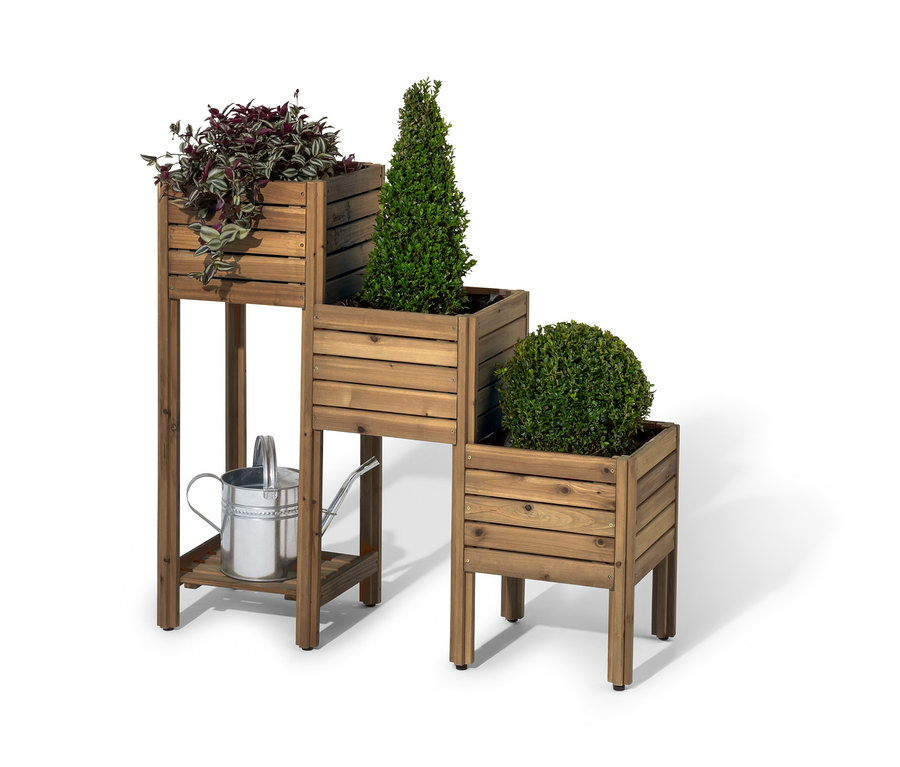 Egy fából készült »Tinus« lépcsős ültetőláda polclappal, három növény és egy ezüst színű locsolókanna látható rajta.