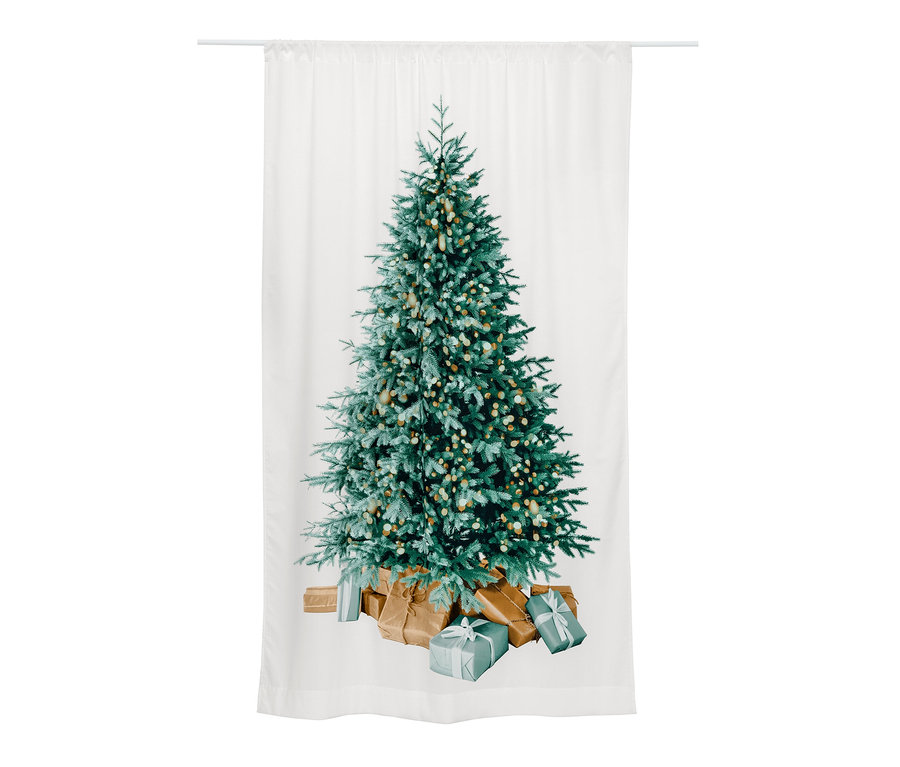 Mintás függöny karácsonyfával és ajándékokkal.