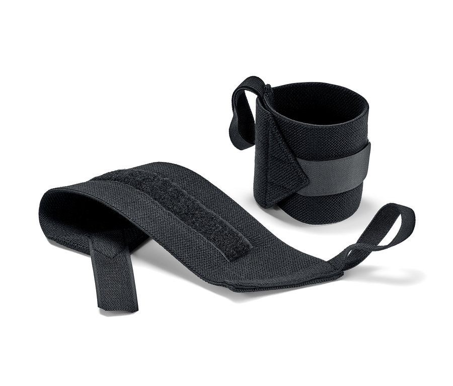 Két fekete fitnesz csuklóbandázs fekszik fehér háttéren.