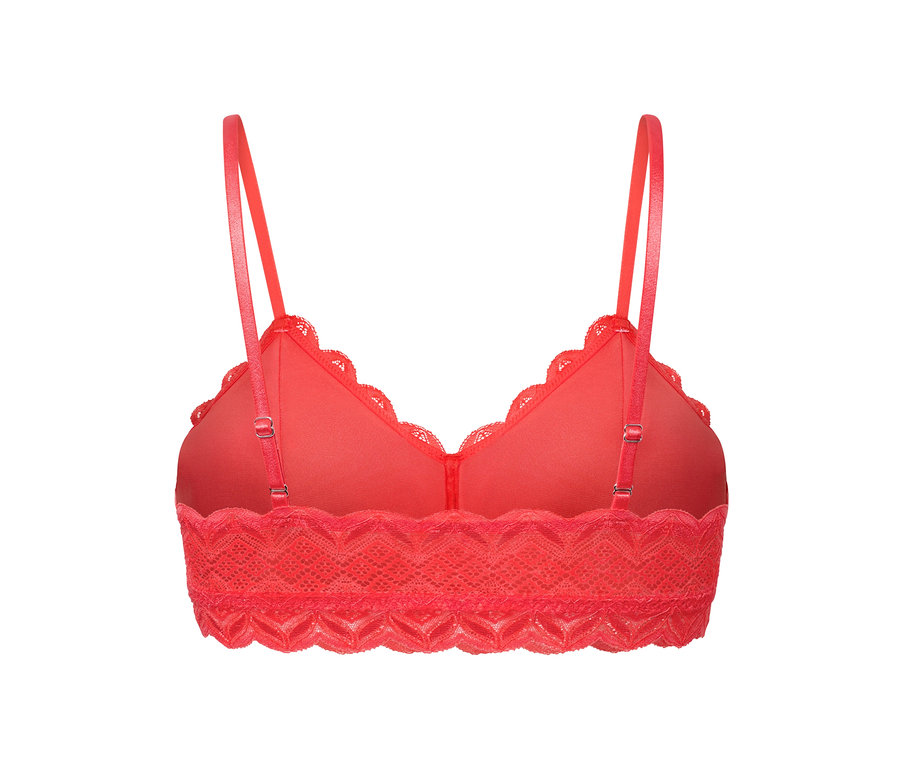 Egy piros női bustier melltartó részletes hátulnézete.