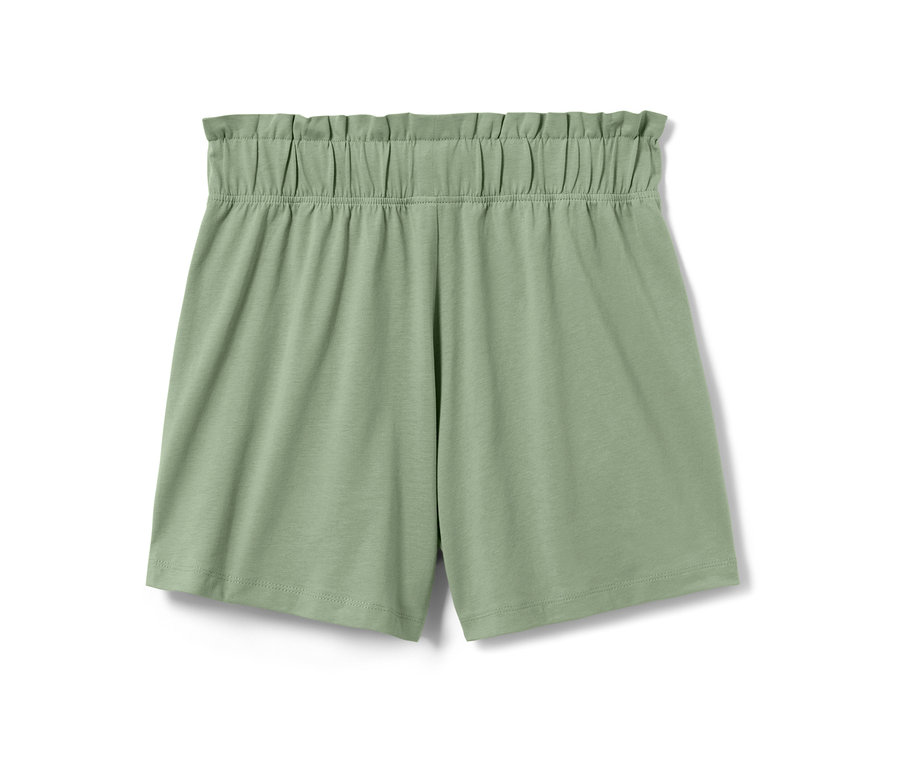 Világoszöld gyerek jersey rövidnadrág fodros derékpánttal.
