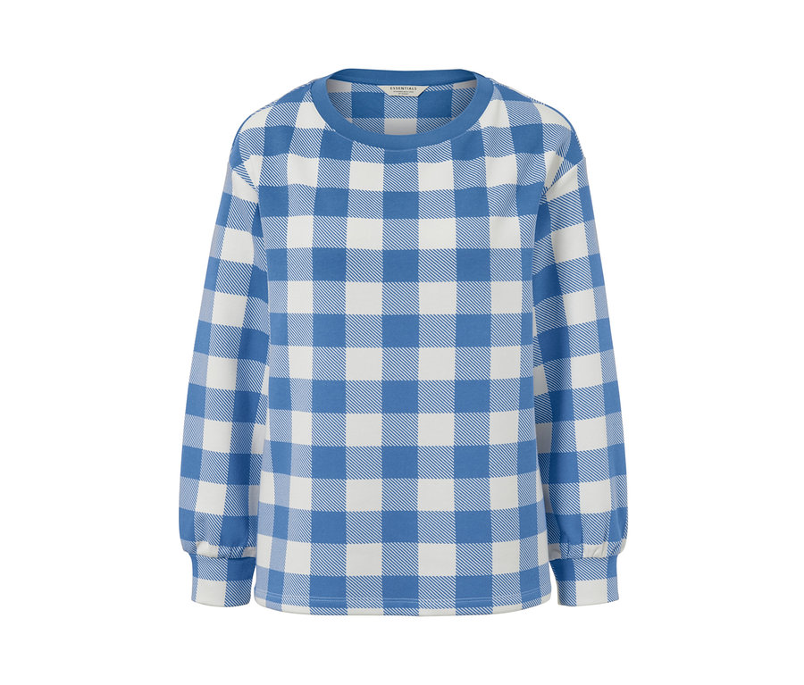 Egy kockás, hosszú ujjú szabadidőfelső kék és fehér színben.