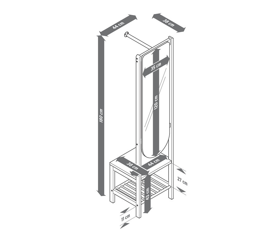 Egy tükrös ruhaállvány vázlata, falhoz rögzíthető, bambusz, kiemelt méretekkel.