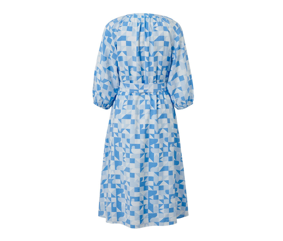 Kék-fehér mintás női szövött ruha.