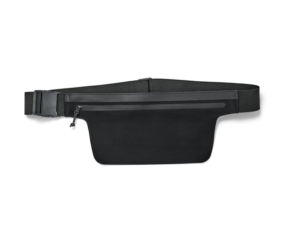 Fekete okostelefon tartó sportöv, elasztikus pánttal és csattal.