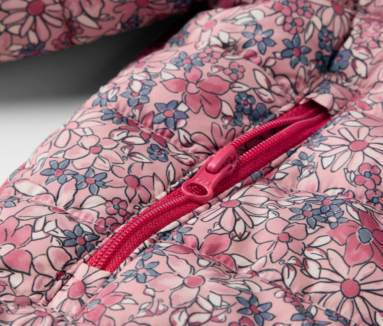 Egy virágos, steppelt gyerekkabát részlete, nyitott cipzárral.