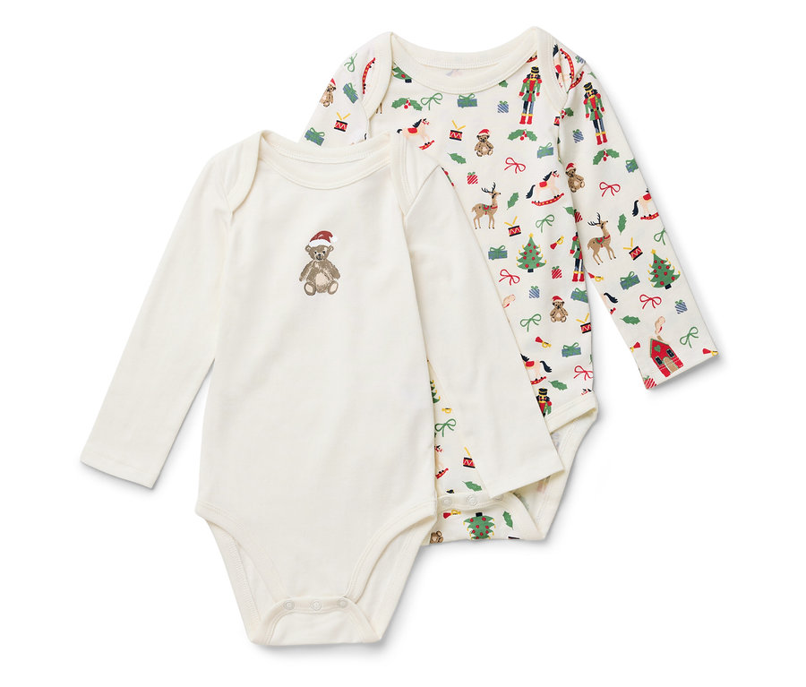Két hosszú ujjú baba body. Az egyik karácsonyi mintával, a másik sapkás macival.