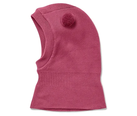 Rózsaszín kötött balaclava oldalt bojttal.