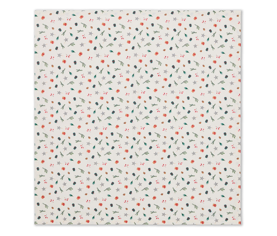 Textil karácsonyi témájú csillagokkal, ajándékokkal, gallyakkal és bogyókkal.