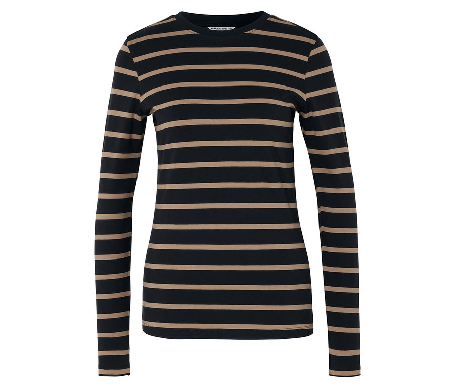 Fekete-bézs csíkos, hosszú ujjú felső.