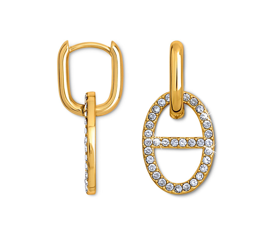 Két arany fülbevaló, ovális medállal, átlátszó kövekkel díszítve.