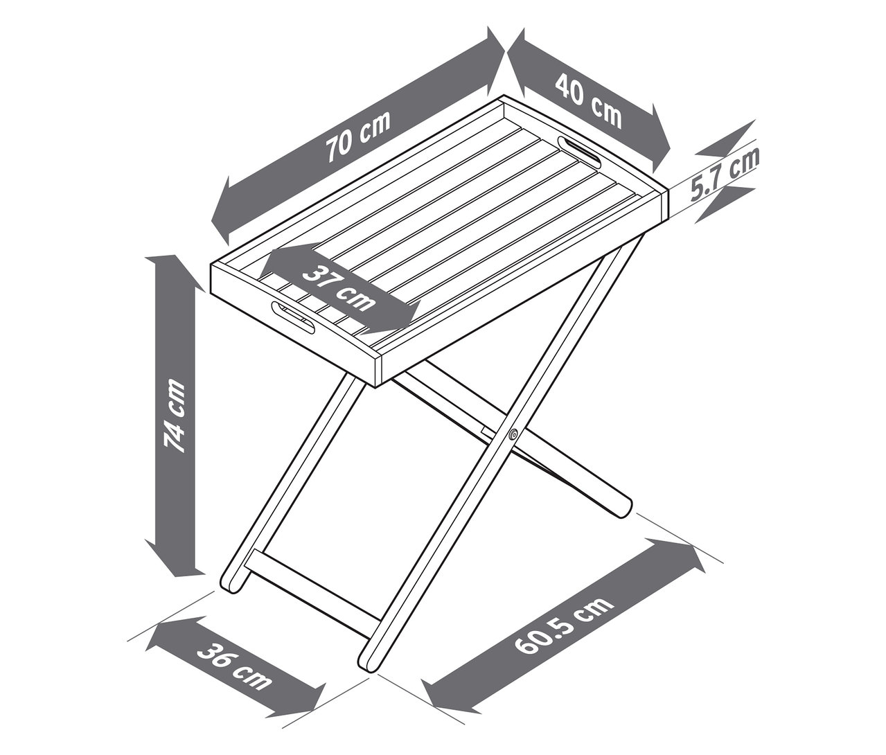 Az ábra egy összecsukható tálcás asztal méreteit mutatja. A tálca mérete 70 x 40 cm, az asztal magassága 74 cm.