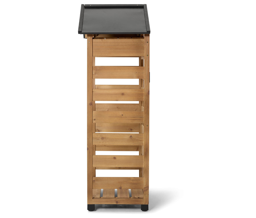 Fából készült szekrény fekete tetővel és vízszintes lamellákkal.