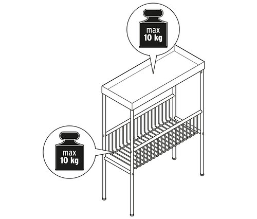 Illusztráció egy fém konzolasztalról, fekete színben, maximális terhelhetősége 10 kg.