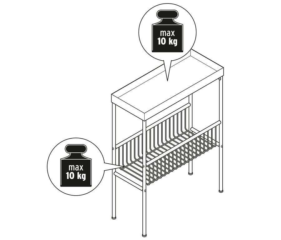 Illusztráció egy fém konzolasztalról, fekete színben, maximális terhelhetősége 10 kg.