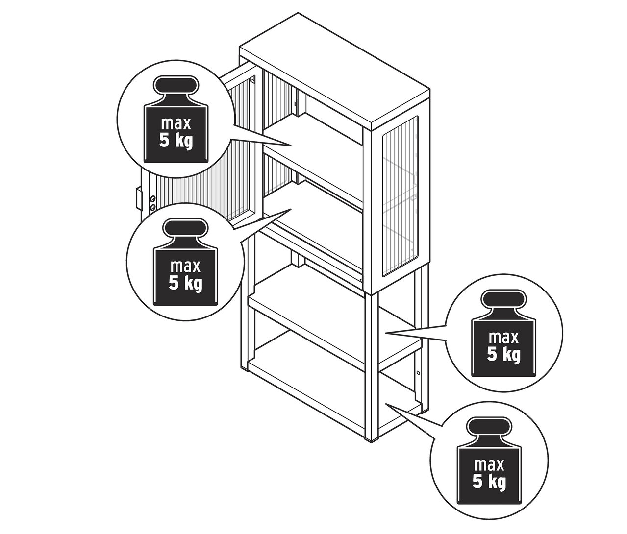 Fém falipolc, üvegajtóval, fekete, nyitott felső résszel és 5 kg-os polcterhelési határral.