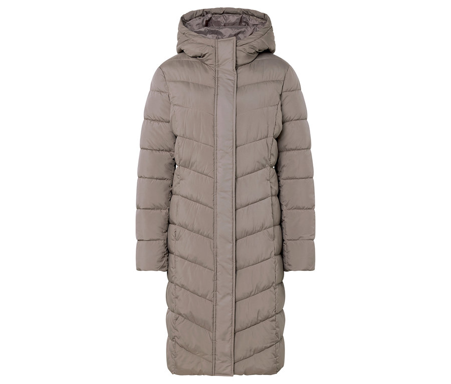 Bézs, steppelt, kapucnis pehelykabát.