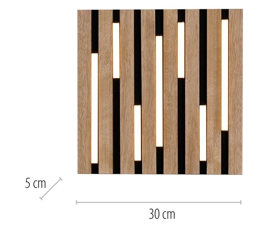 Dekoratív fa panel LED világítással, mérete 30 x 30 cm.