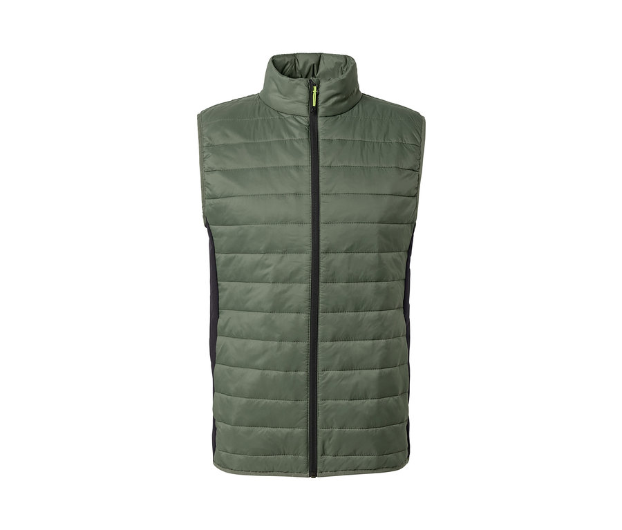 Zöld, steppelt »pack light« mellény fekete cipzárral középen.