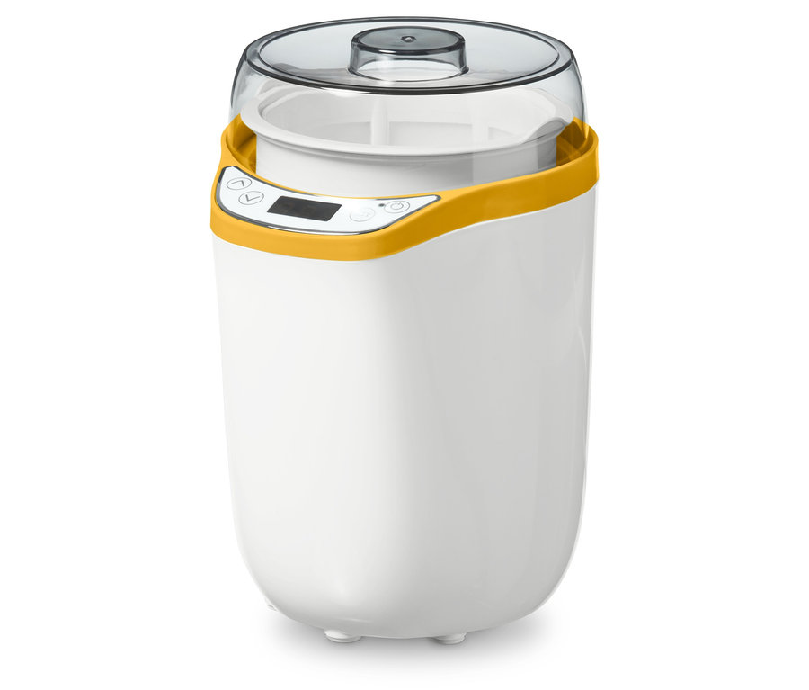 Fehér joghurtkészítő sárga szegéllyel és átlátszó fedéllel.