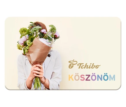 Egy nő virágcsokrot tart az arca előtt egy ajándékkártyán.